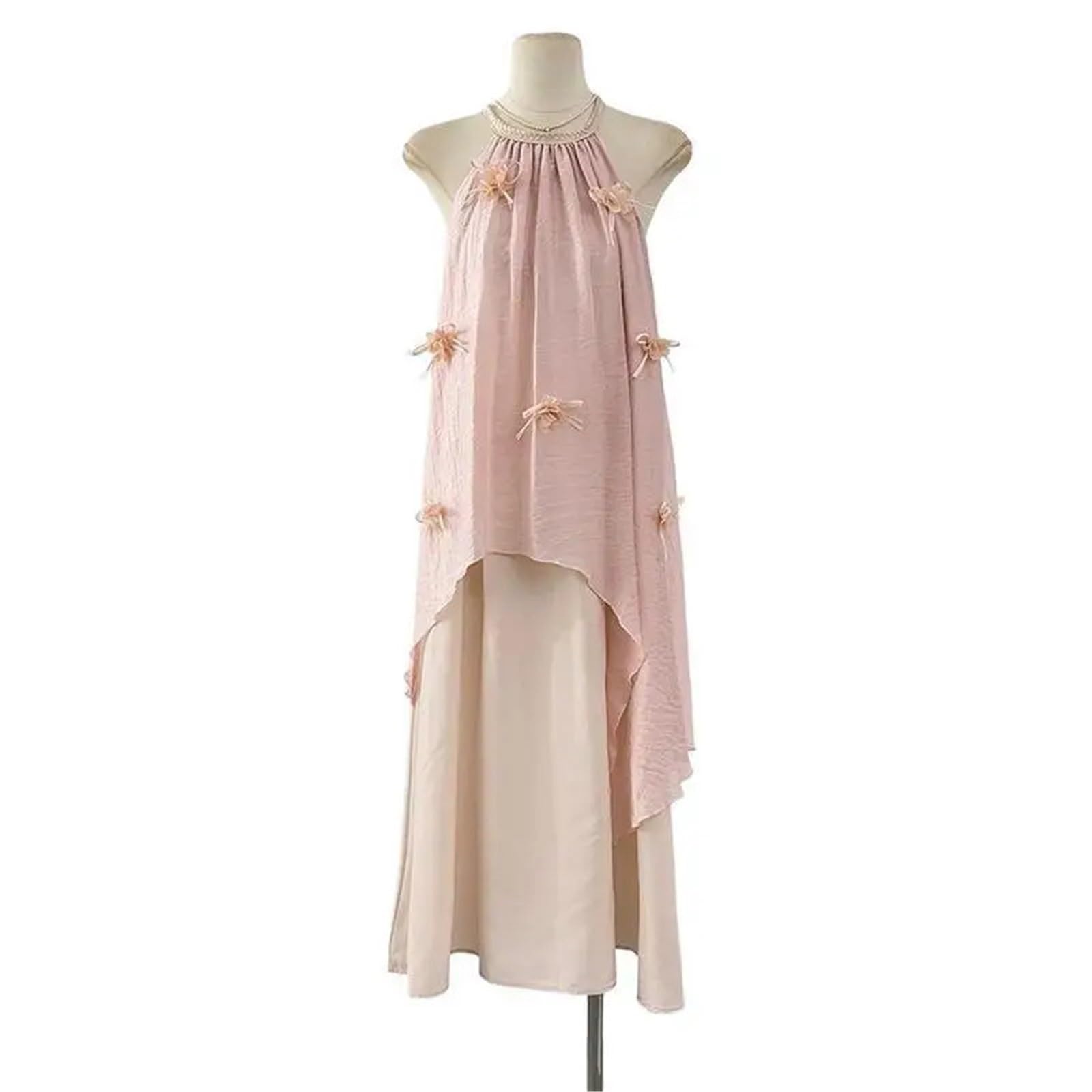 Verano suave moda versátil dulce vacaciones fresco Color puro cuello colgante vestido de tirantes atmósfera elegante viento