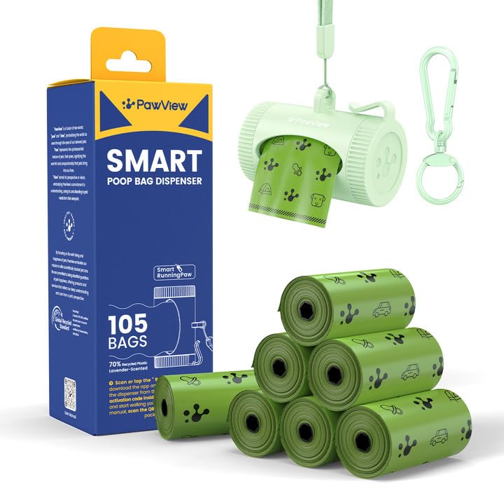 Image of Dog Poop Bags Rolls with Retractable Poop Bag Holder, Leak Proof and Extra Thick Lavender Pet Waste Bags, 70% Recycled GRS Certified, 1 Dispenser and 105 Bags for Doggy Walking & Cat Litter