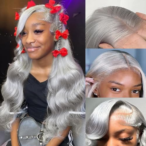 Image of 24 Inch Grey Lace Front Wigs Human Hair 13x4 HD Transparent Body Wave Human Hair Lace Front Wigs 180 Density Pre Plucked Grey Colored Glueless Hair Wig for Women with Baby Hair