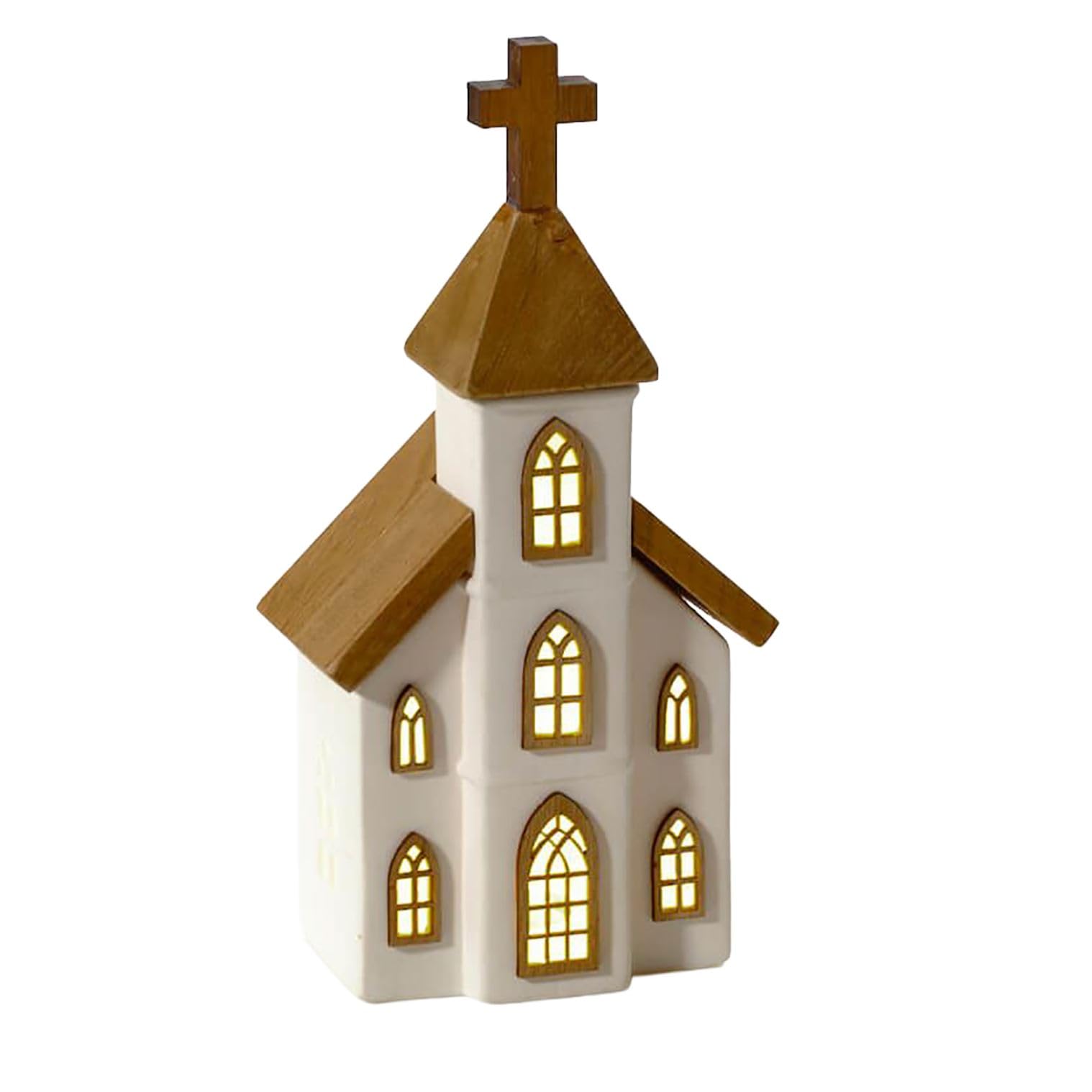 Carousel Home White Led Ceramic Christmas Church | Light Up Ceramic & Wood Chapel Ornament | Festive Village Decoration - 23Cm