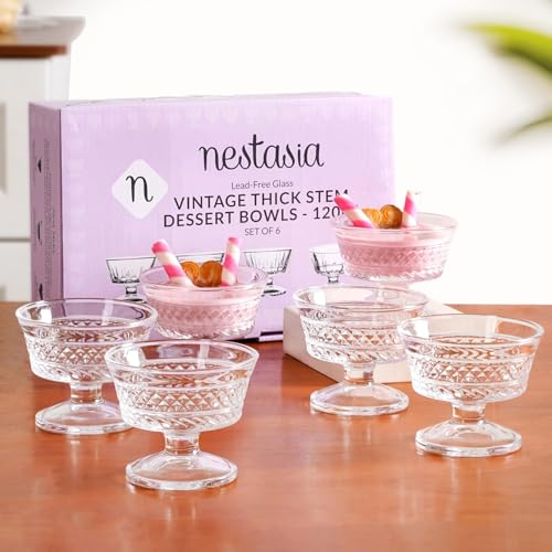 Image of Nestasia Transparent Glass Bowl Set of 6 for Ice Cream (120ml Each) - Diamond Textured Dessert Bowls for Sundae, Sweets & Pudding | Food Safe & Heat Resistant - Perfect for Gifting