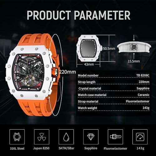 Image of TSAR BOMBA Men's Automatic Watch Tonneau Luxury Skeleton Watches for Men Mechanical 50M Waterproof Analogue Watches Mens Unique Cool Square Big Face Dial Wristwatch with Silicone Strap Band