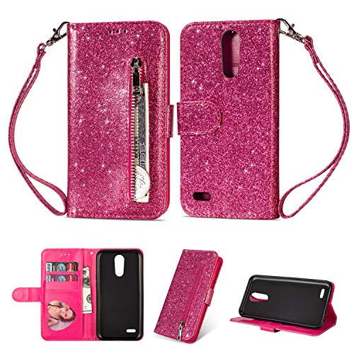 LG K20 Plus Case, LG Harmony/LG LV5/LG K20/LG K10 2017/LG K20 V Case, Rosepark Shiny Bling PU Leather Zipper Wallet Pocket Magnetic Flip Folio Case w/Hand Strap&Card Slots for LG K10 2017 (Hot Pink)