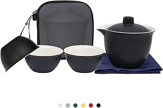 Porcelain Chinese Gongfu Tea Sets for Adults Portable Kungfu Teapot and Cup Set Small Ceramic Tea Party Set Travel Teaset with Lid for Home Gifting Outdoor and Office (Black)