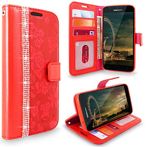 Cellularvilla Galaxy J3 Achieve/J3 V 2018/Amp Prime 3 2018/Express Prime 3/J3 Star/Galaxy Sol 3 Case, Flower Design Leather Flip Stand Wallet Case Cover for Samsung Galaxy J3 2018 (Red Bling)