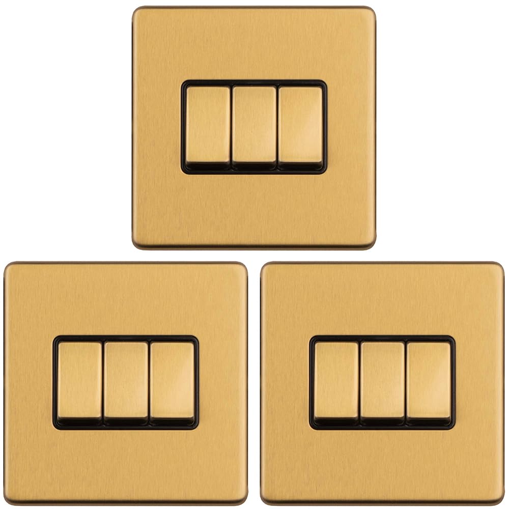 Dreifach-Lichtschalter, schraubenlos, satiniertes Messing, 2-Wege, 10 A, schmaler Kippschalter, dekorative Küche, Wohnzimmer, Schlafzimmer, 3 Stück