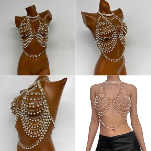 Perlas accesorio corporal tipo sujetador halter multicapa para noche 2