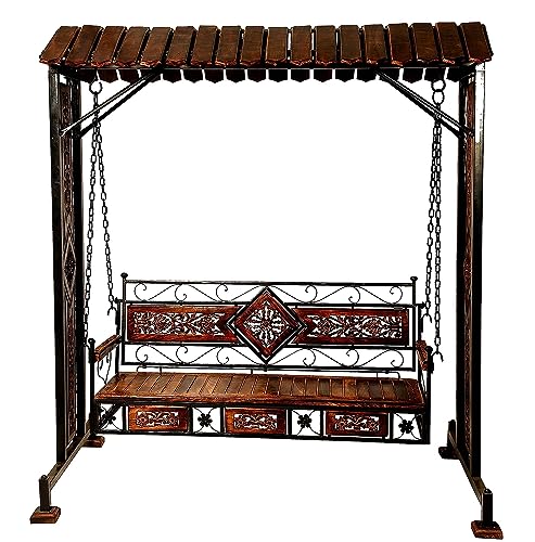 Image of Habiba Art Store Swing Jhula Chair, Hammock, Outdoor - 3 Seater Solid Wood & Iron Swing Jhoola Swing Jhula, Hammock Jhula, Cradle for Relaxing Outdoor Seating