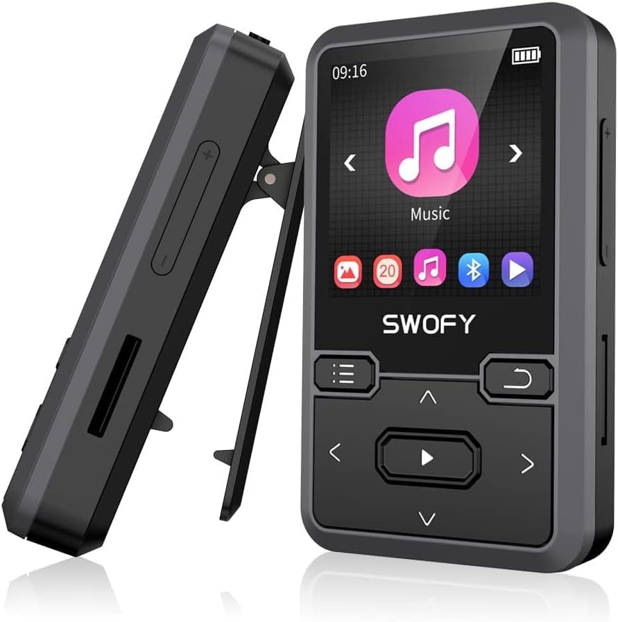 SWOFY Reproductor MP3 Bluetooth 5.0 con clip deportivo, 32 GB portátil, mini reproductor de música con auriculares, radio FM, podómetro, grabación de voz, soporta hasta 128 GB tarjeta SD (negro)