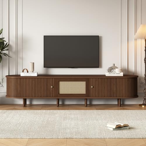 Jaxenor 180cm TV Lowboard mit Verstellbare Füße, Rattan-Design TV Board, Ovaler Fernsehschrank für Schlaf- und Wohnzimmerschrank, TV Schrank Wohnzimmer mit 1 Schublade, 2 Schiebetüren, Eiche
