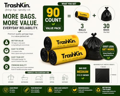 Image of Garbage Bags Medium 19x21 Inches, 90 Count, Black, 3 Rolls