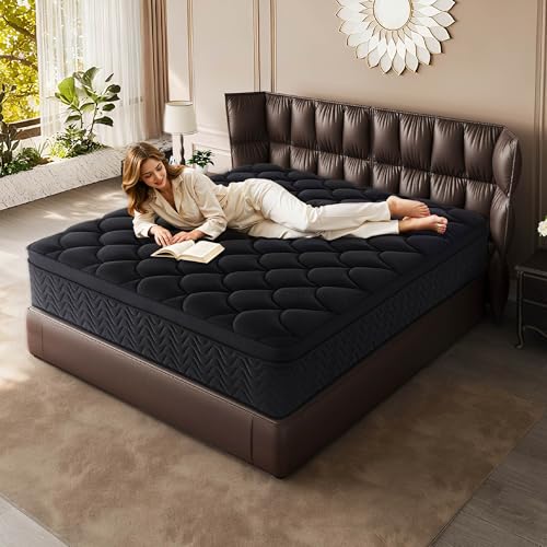 Image of Vurawq Black Premium 12 Inch King Hybrid Mattress, Fiberglass Free, Individual Pocket Coils, Cooling Memory Foam Top, Pressure Relief & Motion Isolation, Bed in a Box
