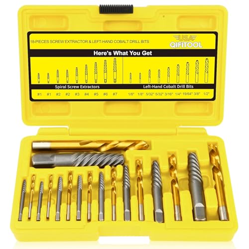 18PCS Screw Extractor Set, 37# Cr-Mo &amp; 6542 HSS Steel Cobalt Left-Hand Drill Bit, Easy Out Broken Bolt Remover Reverse, Ez Out Stripped, Rounded-Off, Damaged Bolts, Screws&amp;Studs Removal Tool(Yellow)