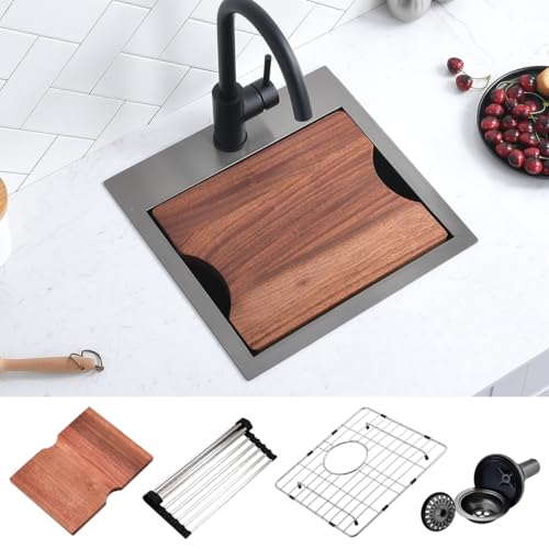 15 Black Stainless Steel Drop In Kitchen Bar Sink, Scamall 16 Gauge Black Stainless Steel 15X15X9 Inches Topmount Small Kitchen Sink With Workstation SM021-1SBG