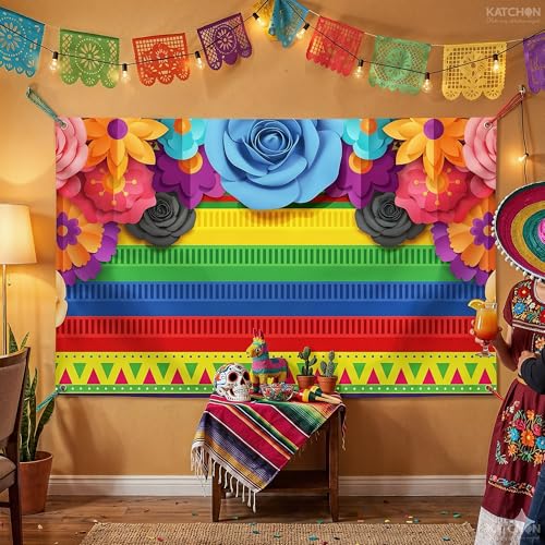 Image of Katchon, Mexican Theme Party Striped Backdrop - Pack of 1 | Fiesta Cinco De Mayo Paper Flowers Background Party Decoration for Fiesta Party,Birthday, Baby Shower, Wedding Photography Studio Props