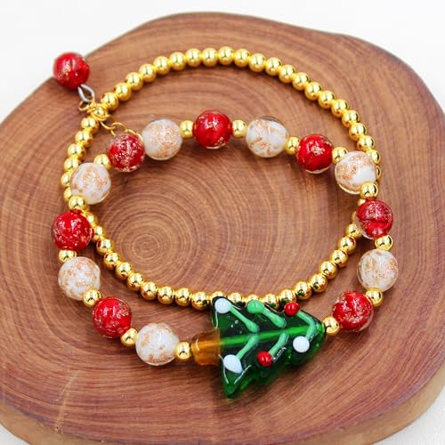 Image of 2 Christmas Couple Bracelets, Santa /Christmas Starfish /Christmas Tree Charm and 4mm Brass Beaded Stretch Bracelet for New Year Gifts for Family and Friends