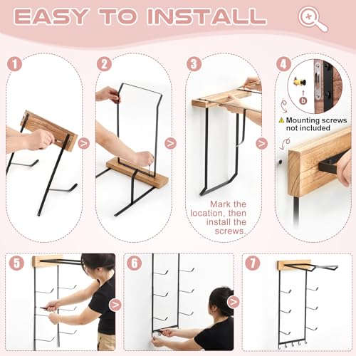 Image of Geelin Yoga Mat and Ball Holder Wall Mount, 4-Tier Yoga Mat & Ball Storage Rack, Home Gym Organizer, Black Metal Floating Shelf for Hanging Foam Rollers & Resistance Bands(5 Hooks Style,Wood Color)