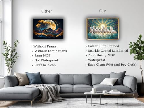 Image of Vastu 7 Seven Running Horse Photo Frame, Golden Slim Frame, Sparkle Coated Lamination, 30x45 cm (Design 10)