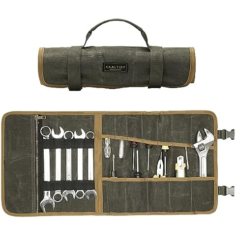 Tool Roll | Heavy Duty 16OZ Waxed Canvas Tool Storage Bag with Tool Slots & Fixed Elastic Band (Army Green) Canvas Tool Pouch - Portable Handle + Adjustable Buckles | 24.5"L x 11.5"W Cover