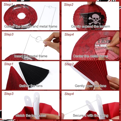 Image of Baquler 18 Pcs Pirate Theme Party Decoration Pirate Skull Hanging Paper Lantern Fans Black Red Honeycomb Ball for Nautical Birthday Party Ornament Ceiling Decor Supplies
