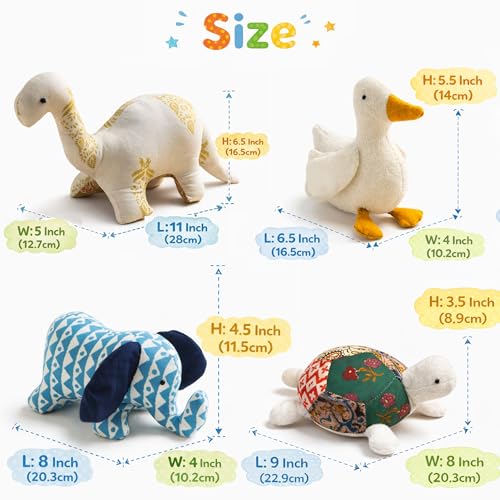Image of Novo Baby Hand-Sewn Plush Toys - Soft Toy Set for Baby Girl & Boy | Recycled Fabric Stuffed Animal Toys | Eco-Friendly, Artisan-Made Soft Toys for Kids & Toddlers (Pack of 4)