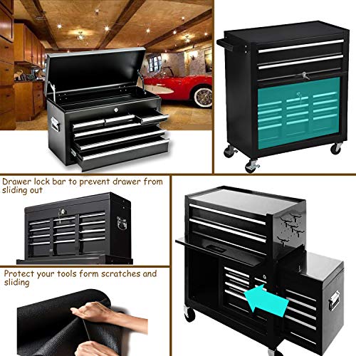 8 Drawers Large Space Capacity Rolling Tool Chest, 2 in 1 Mobile Lockable Drawers Steel Tool Box Cabinet and Storage Organizer Cart with Wheels, Toolbox Combo for Workshop Garage (Black)