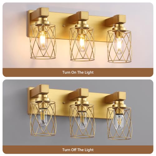Image of Bathroom Light Fixtures, 3 Light Brushed Gold Wood Vanity Lights