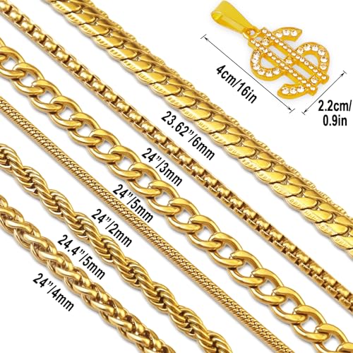 7 Pcs Stainless Steel Necklace Chain Kit, Gold/Silver Plated Metal Snake/Cuban/Box/Rope Chain Link Jewelry 24" with Dollar Pendant Men Women2