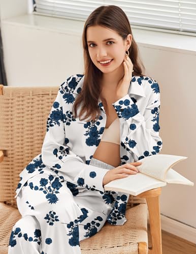 Ekouaer Womens Satin Silky Pajama Set 2 Piece Print PJs Soft Loungewear Button Down Sleepwear with Elastic Waist Long Pants