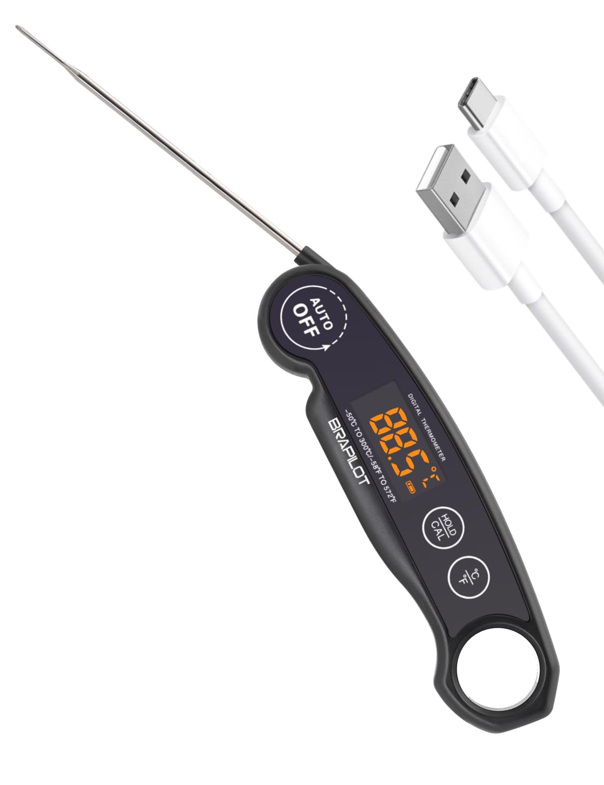 BRAPILOT Digital Meat Thermometer Rechargeable,Waterproof Kitchen Cooking Thermometer Probe,2-3S Instant Read for Steak Grill Water Milk Bread Airfryer BBQ Baking Oil Deep Fry Smoker (Black)