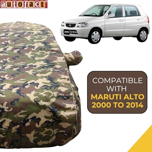 Image of Autofact Waterproof Car Body Cover Compatible with Maruti Alto Old Model (2000 to 2014), with Mirror Pockets, 4 x 4 American Matty, Long Lasting Durable Material, Camouflage Army Look