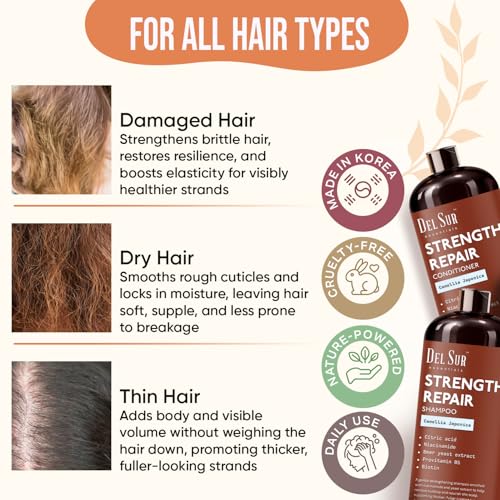 Image of DEL SUR Hair Strengthening Shampoo and Conditioner Set | 16 fl oz Each | with Camellia Japonica, Niacinamide, Provitamin B5 & Biotin | Repair & Hydration for Dry, Weak Hair