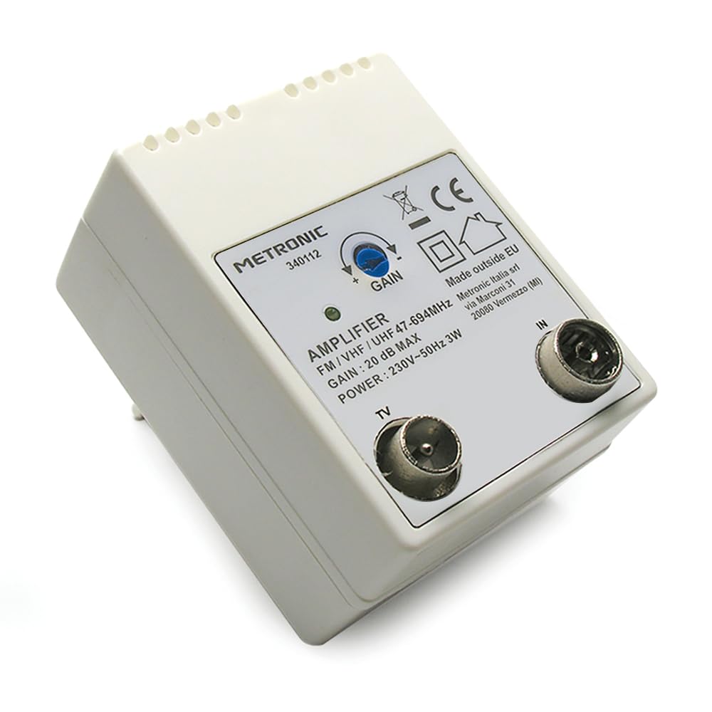 Metronic 340112 Amplificatore TV Fm/​Vhf/​Uhf da Rete per Digitale Terrestre con Filtro 5G, 20Db Regolabili, 1 Ingresso/​1 Uscita, Bianco