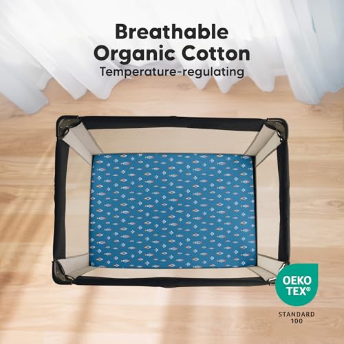 Image of 2pk Mini Crib Sheets Fitted 38x26 Pack N Play Mattress Sheet (Space Quest) | Organic Cotton Sheets for Pack and Play Mattress, Soft, Breathable Playard Bedding Sheet, Mini Toddler Bed Cover, Boys, Girls