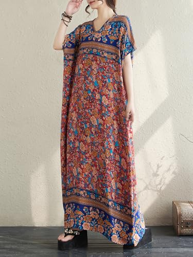Image of Summer Floral Plus Size Dresses for Women V Neck Casual Loose Dress with Side Pockets
