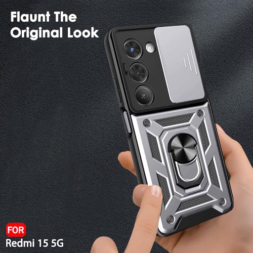 Image of TheGiftKart Tough Armor Bumper Back Cover Case for Mi Redmi 15 5G | Sliding Camera Cover, Kickstand & Ring Holder | 360 Degree Protection Back Cover Case for Redmi 15 5G (PC & TPU, Silver)