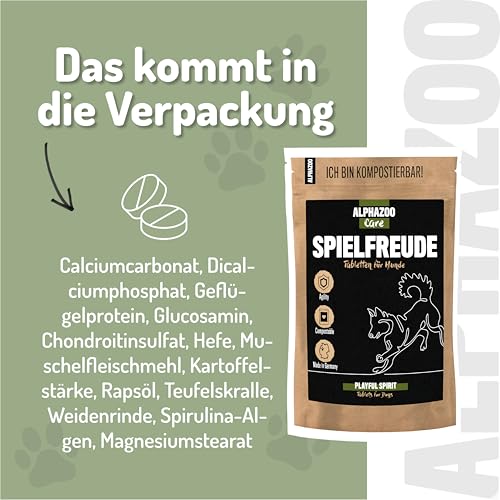 alphazoo Spielfreude Tabletten für Hunde 75g - Ergänzungsfuttermittel mit Glucosamin, Chondroitin - Muschelfleischmehl, Teufelskralle, Weidenrinde - für Bewegungsapparat & Gelenke - Made in Germany