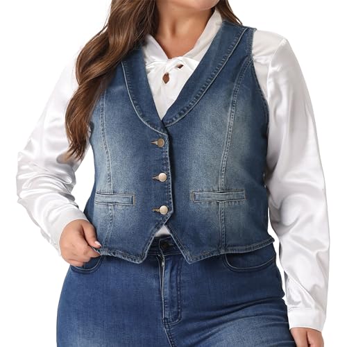 Agnes Orinda Plus Size Denim Vest for Women Button Down Jean Waistcoat Sleeveless Jacket