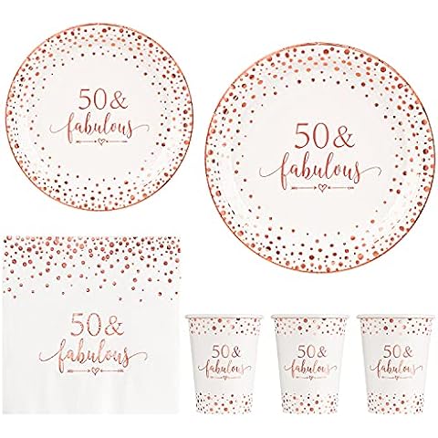 crisky Rose Gold 50 Fabulous Napkins Plates Cups Set for Women 50th Birthday Party Decorations Supplies, Disposable Tableware Set of 24 (9'' Plates, 7'' Plates, Luncheon Napkins, 9oz Cups) Cover