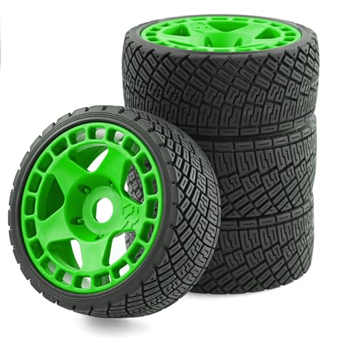 Chanjorlin 1/8 1/7 RC On Road Tires And Hard Plastic Rally Racing Wheels 17mm Hex Touring Tyres OD 3.94'' For 1:8 1:7 Street Drift Car ARRMA Losi Kyosho GT2 W10 Tamiya HPI WR8 HSP 4PCS (Green)
