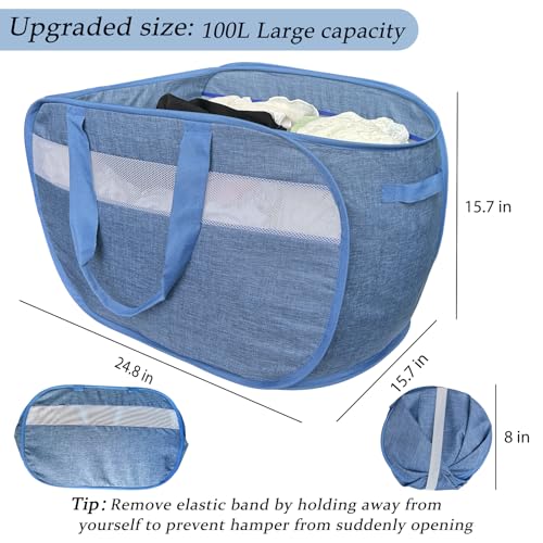 Image of 100L Mesh Pop Up Laundry Hampers with Handles, Extra Large Collapsible Laundry Baskets 2 Pack, Portable Travel Laundry Basket, Dirty Clothes Hamper Light Breathable, Bule. 2H