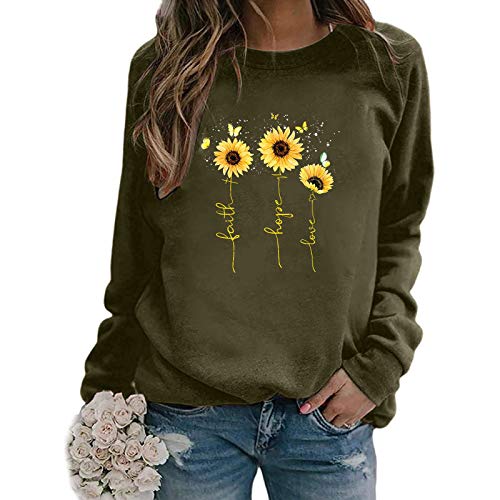 YAnGSale Women s Casual Sweatshirt Long Sleeve Blouses Sunflower T-Shirt Butterfly Print Shirt Loose Pullover (Green, M)
