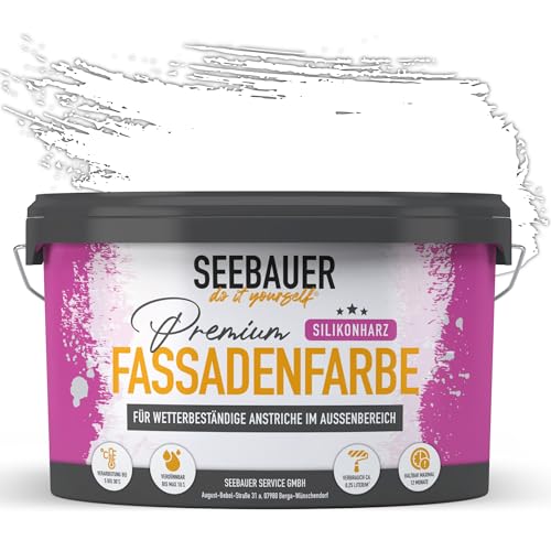 SEEBAUER diy Silikonharz-Fassadenfarbe Weiß 2,5L für Außen (No. 000 Weiß) Selbstreinigende Fassadenfarbe mit Lotuseffekt - Geeignet für Putz, Mauerwerk und Beton