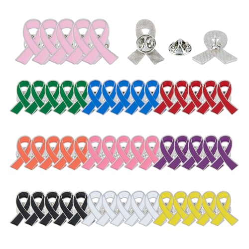 SUPERFINDINGS 50PCS 10 Colors Breast Cancer Awareness Lapel Pins Ribbon Enamel Pins Alloy Badges Hope Ribbon Lapel Pins for Charity Recognition Public Event