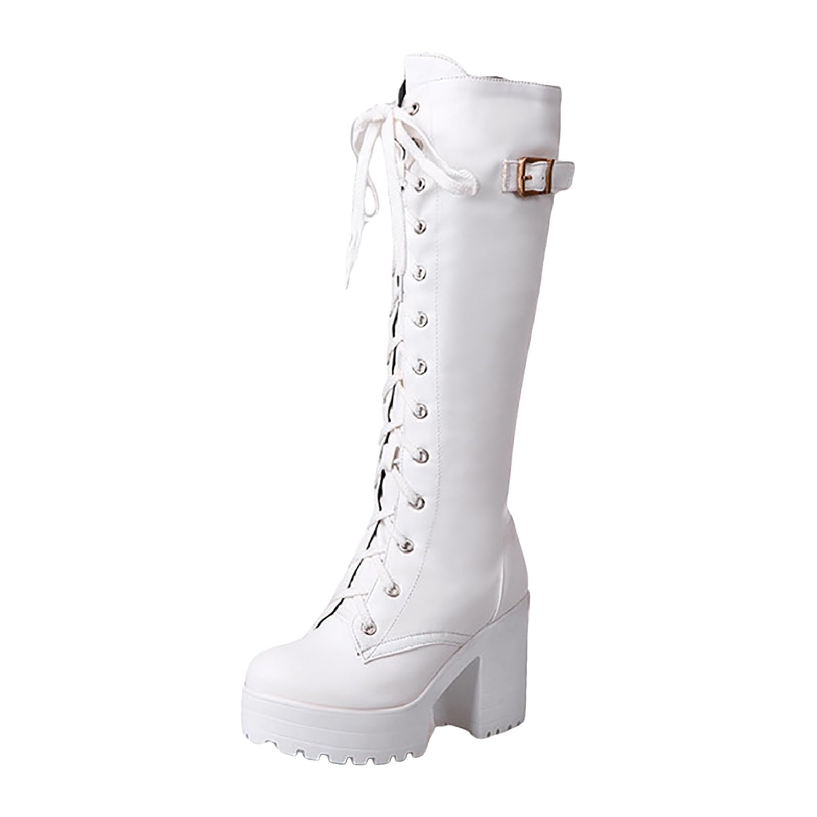 Bottes à plateforme pour femme - Avec talon - Bottes à lacets avec boucle latérale - Bottes de motard gothiques à talons hauts - Bottes hautes pour femme