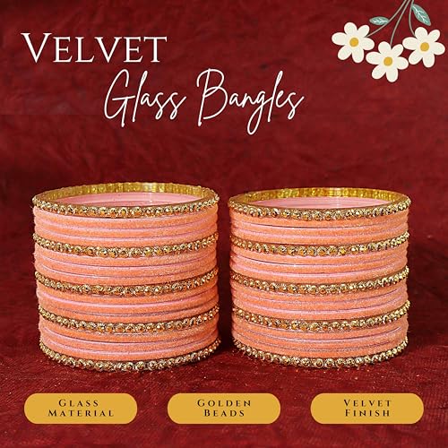 Image of NMII Premium Glass & Golden Beads Velvet Bangle Set For Women and Girls | Velvet Chudi | Traditional Chudi Set | Designer Girl's Bangles Bracelet | Wedding, Party, Festive, Daily- Set of 34