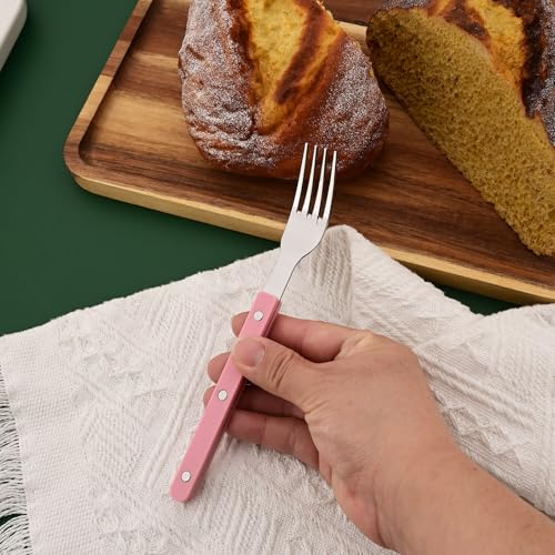 Uniturcky 30 PCS Stainless Steel Flatware Set for 6, Silverware Set with Colored Handles, Retro Style Forks Spoons and Knives Set, Vintage Eating Utensils, Pink Acrylic Handle with Rivets Design by Uniturcky - Used condition - Image 8