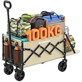 Raynesys キャリーワゴン 【後部展開可 長物対応】 ミニ 超軽量5.7kg 高耐荷重100kg 容量65L-90L キャンプカート アウトドアワゴン 折り畳み式 持ち運び便利 コンパクト 自立収納 静音 多地形対応 キャンプ/砂浜/釣り/引越し/買い物/ゴミ出し ベージュ