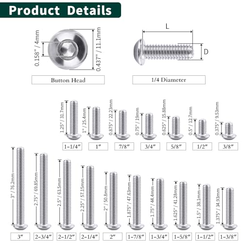 Image of 1 /4-20 x 1-3 /4 inch Button Head Socket Cap Bolts Screws, 304 Stainless Steel 18-8, Allen Hex Drive, Bright Finish, Fully Machine Thread, Pack of 100