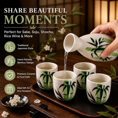 Image of Melbify Japanese Ceramic Sake Set - 5 Piece Bamboo Design Porcelain Sake Set with 1 Sake Bottle (Tokkuri) & 4 Sake Cups | Japanese Wine Set for Drinks, Shochu & Home Bar | House Warming | Gift Set